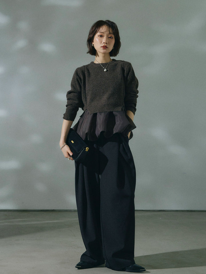 【Allure】[SET]オーガンジーバルーンキャミアンサンブルニット+アシンメトリーウエストタックパンツ(2set)