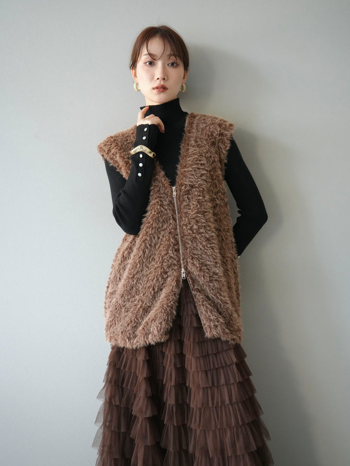 [予約]ダブルZIPループシャギーベスト/ブラウン