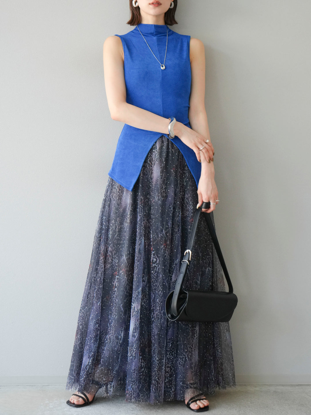 [予約]ニュアンス柄チュールレイヤードプリーツスカート/ネイビー