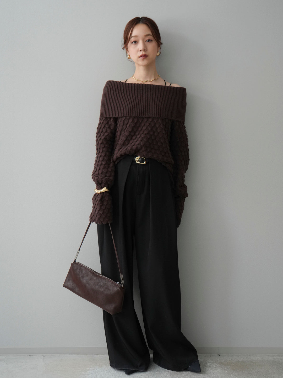 [SET]ポコポコ編みオフショルニットプルオーバー+ベルトループデザインワイドパンツ(2set)