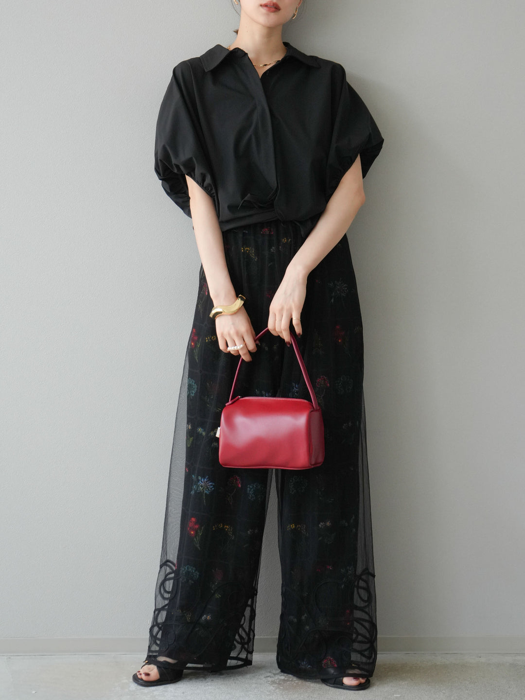 [予約]パッチワークフラワープリントイージーパンツ/ブラック