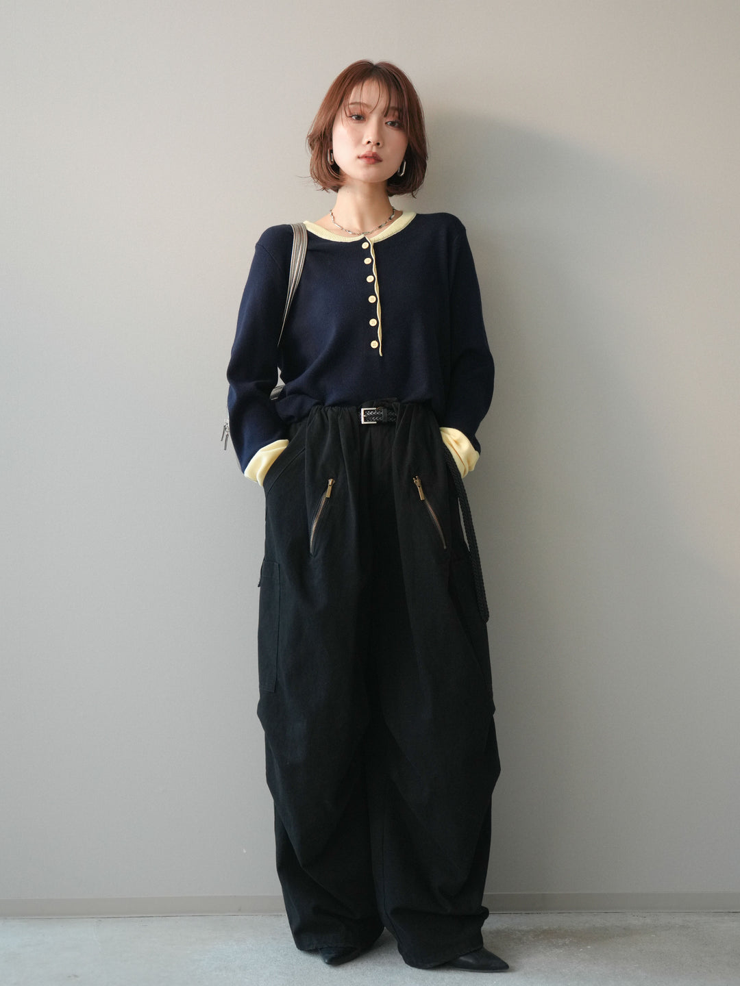 [予約]ヘンリーネック配色ニットソー/navy