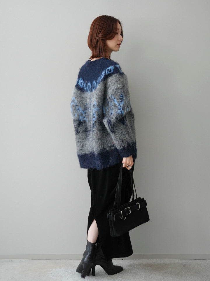 [SET]シャギーニュアンス柄ニットプルオーバー+ギャザーベロアスカート(2set)