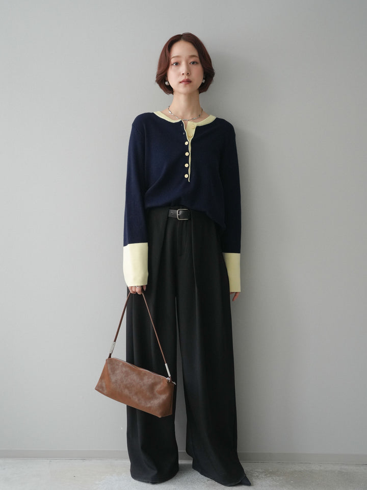 [SET]ヘンリーネック配色ニットソー+ベルトループデザインワイドパンツ(2set)