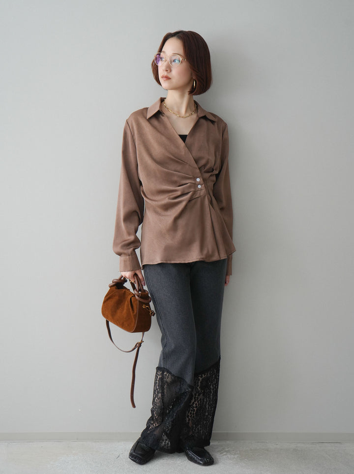 [予約]レース切替フレアデニムパンツ/black