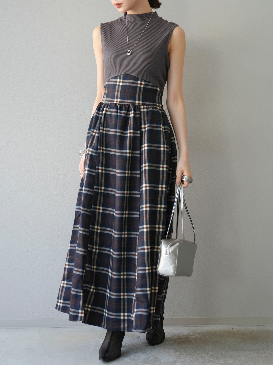 [SET]テレコ×チェックドッキングノースリワンピース+選べるアクセセット(2set)
