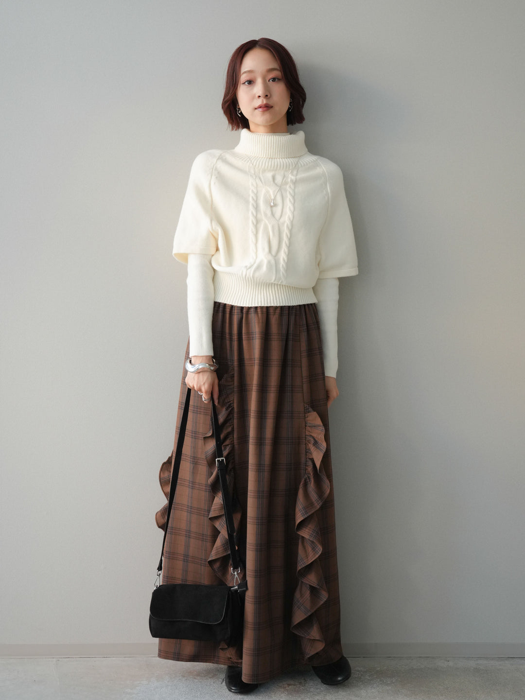 [予約]チェック柄フリルハイウエストマキシスカート/lightbrown