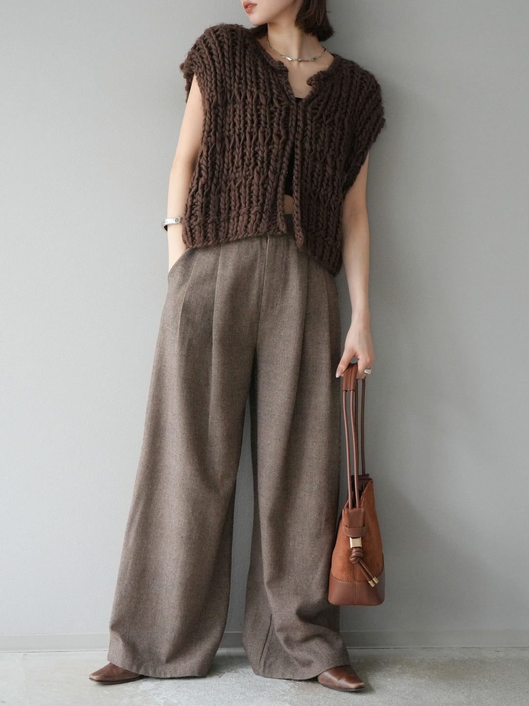 [SET] 手編繩結背心+粗花呢觸感褶皺寬褲（2件組）