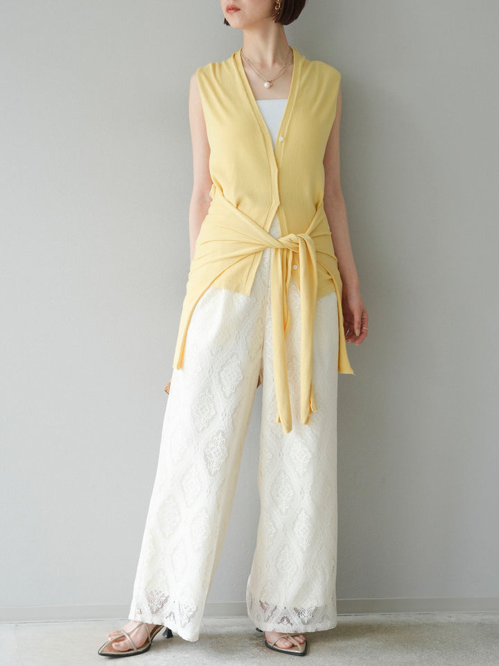 [SET]腰巻きデザインノースリーブニットカーディガン+レースタックイージーパンツ(2set)