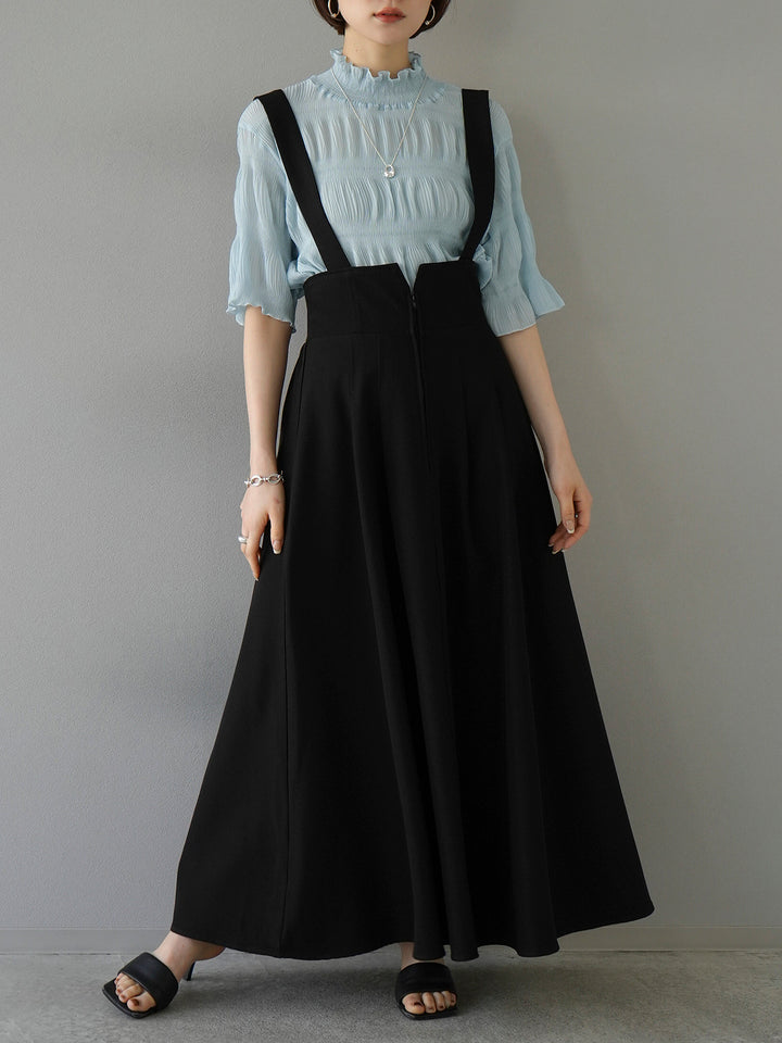 [SET] Shirring chiffon half sleeve blouse + 2WAY flare jumper skirt (2set)