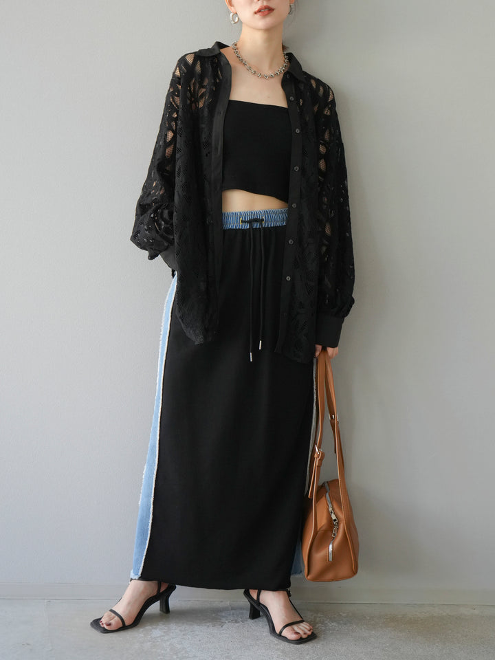 [SET]コードレースオーバーシャツ+デニムドッキングスウェットスカート(2set)