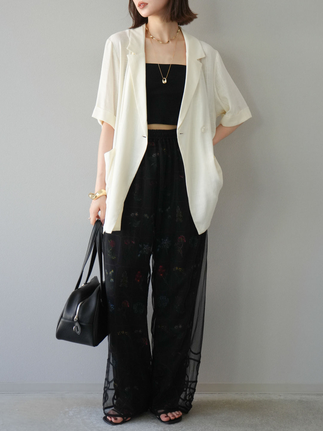 [予約]パッチワークフラワープリントイージーパンツ/ブラック