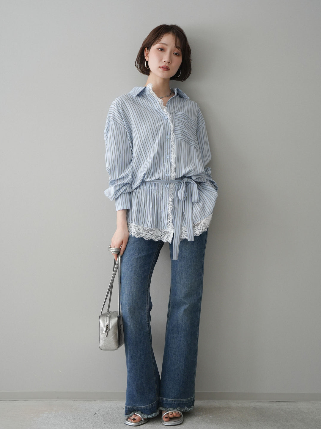 [SET]レース付ストライプウエストギャザーシャツ+フリンジデザインセミフレアデニム(2set)