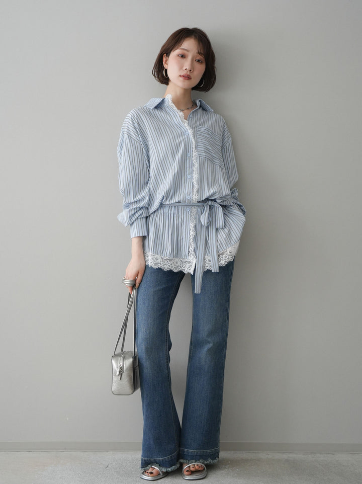 [SET]レース付ストライプウエストギャザーシャツ+フリンジデザインセミフレアデニム(2set)