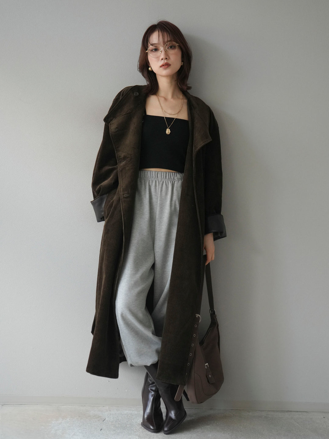 [予約]コーデュロイ折り返しレザーロングコート/khaki