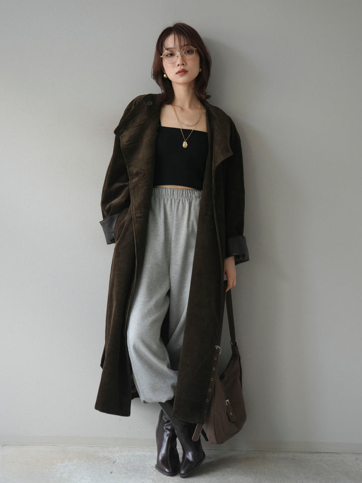 [予約]コーデュロイ折り返しレザーロングコート/khaki