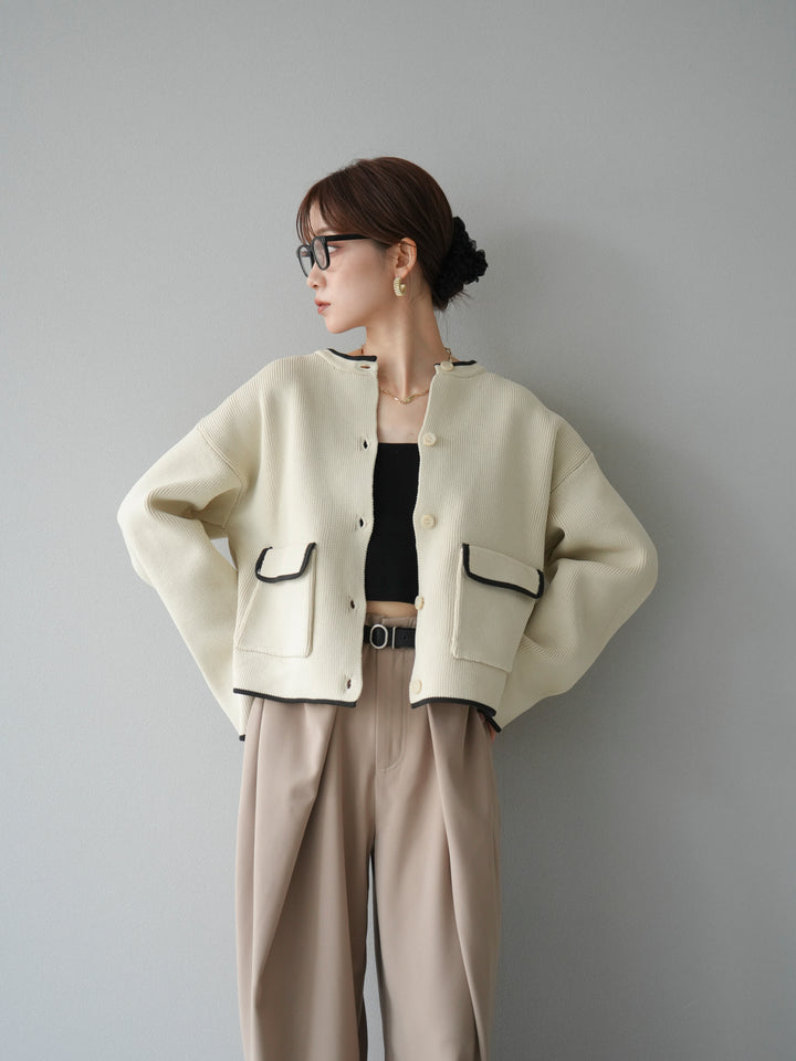 [予約]ポリエステル配色クルーネックカーディガン/アイボリー