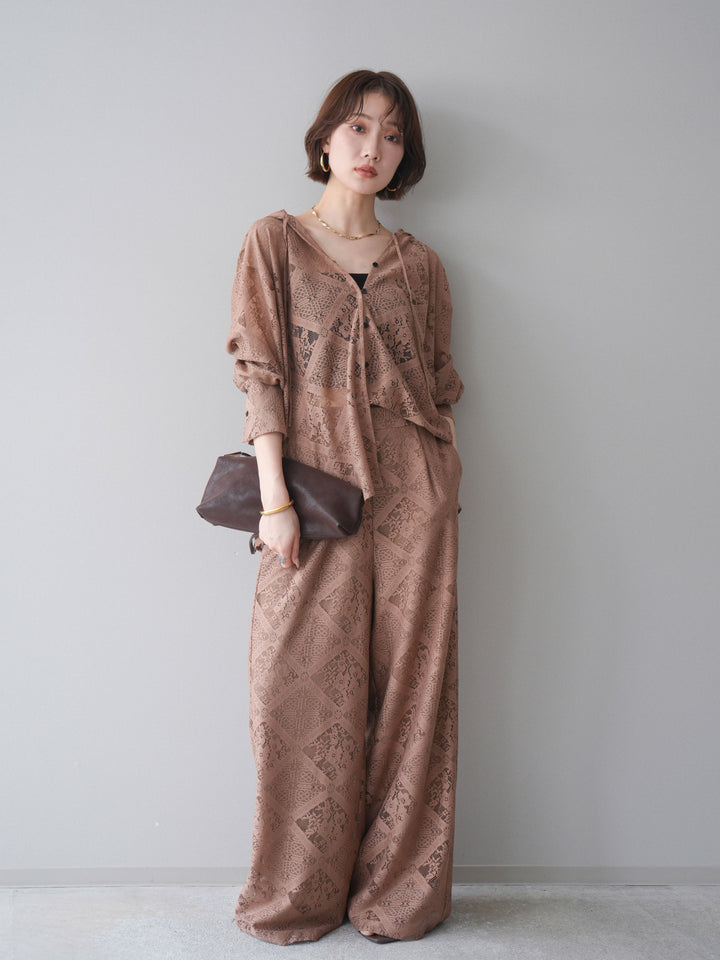【預購】薄紗蕾絲連帽衫 / 米色