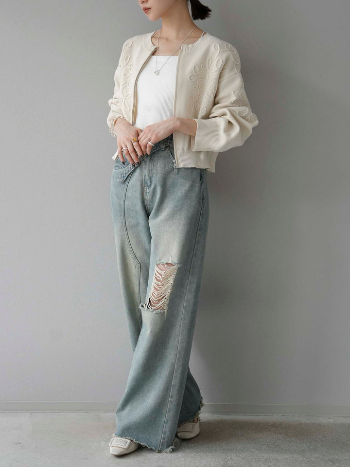 [SET]コード刺繍コットンニットジップカーディガン+ダブルストラップカットリブブラキャミソール+ベルトアシンメトリーダメージデニム(3set)