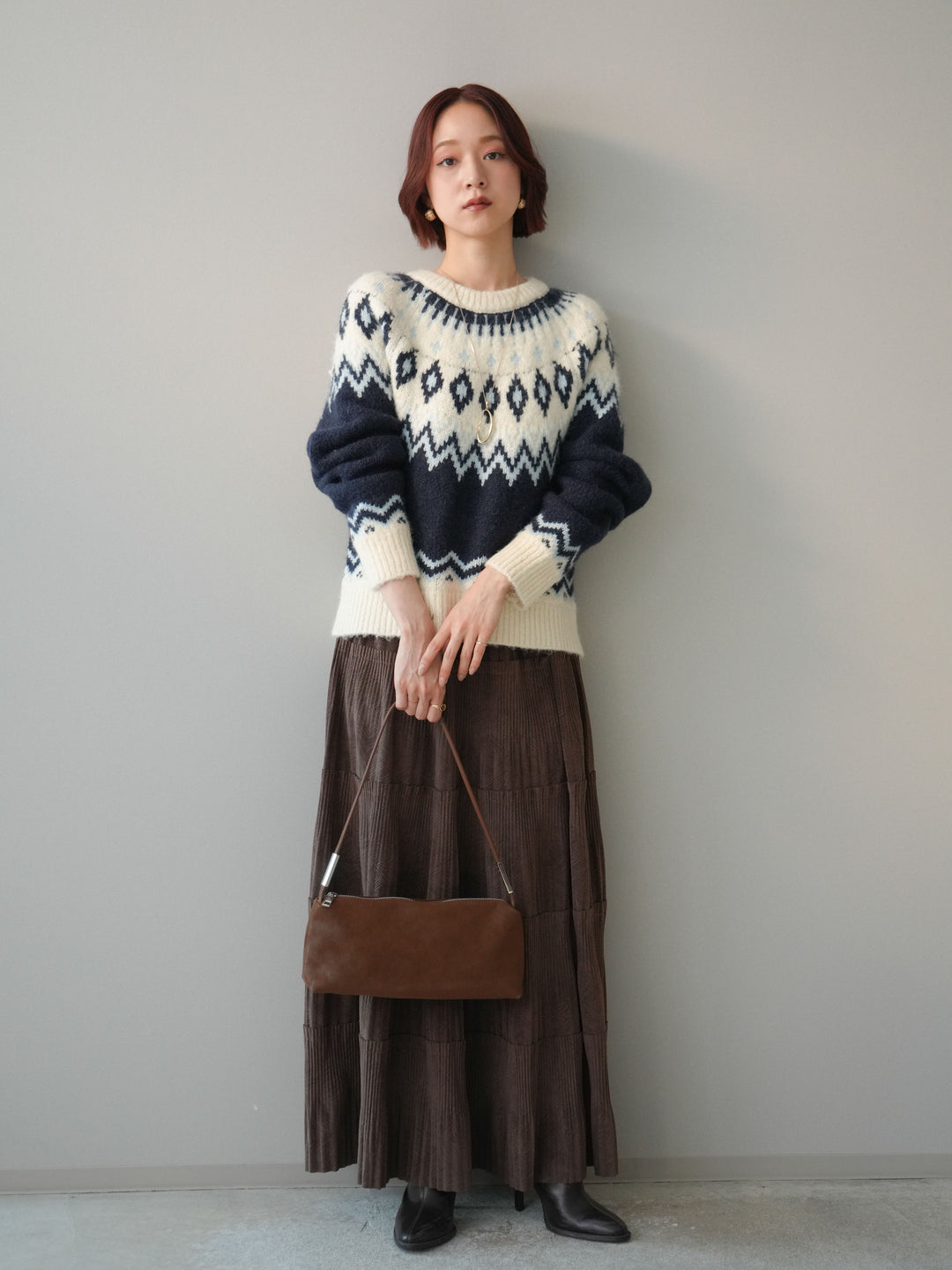 [予約]型押しスエードティアードプリーツスカート/brown