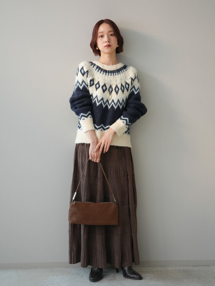 [予約]型押しスエードティアードプリーツスカート/brown