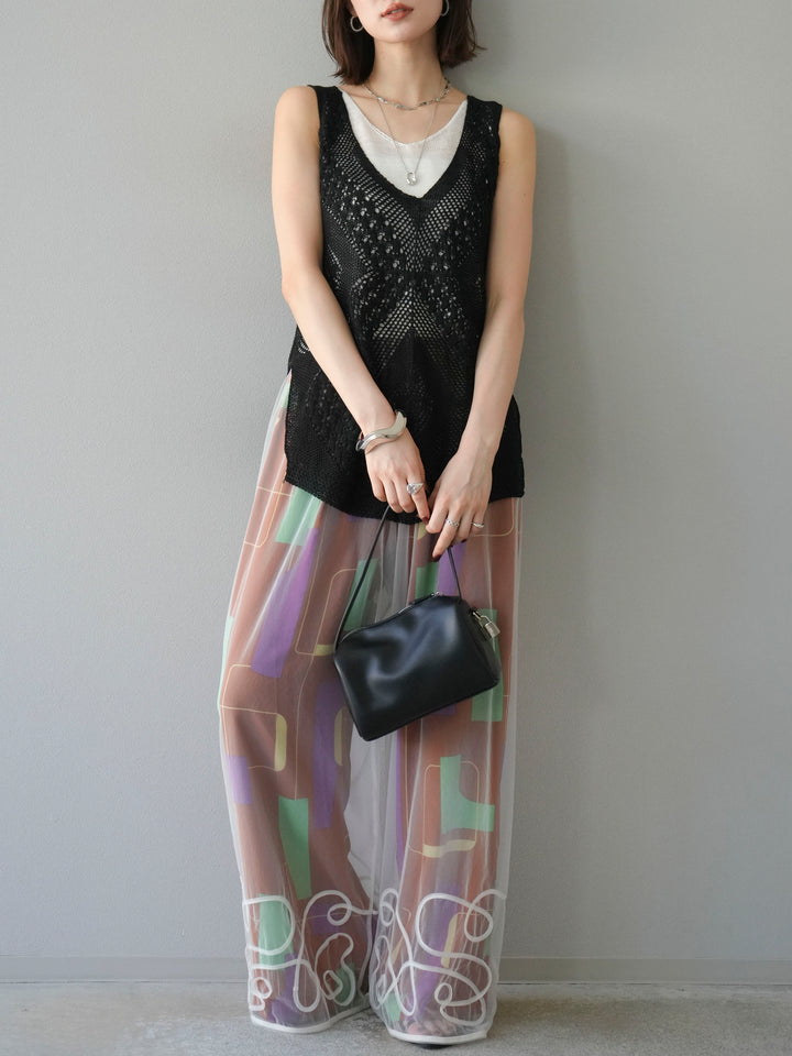 [予約]レーヨンフレックススラブレトロ柄ストレートパンツ/ブラウン