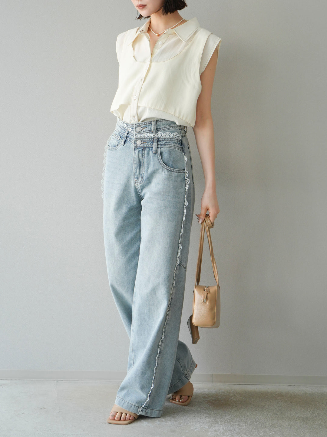 [SET]ステッチシアーレイヤードデザインブラウス+ラインレースデニムパンツ(2set)