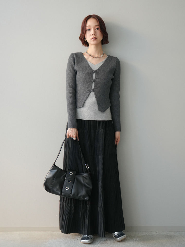 [SET]Vネック配色レイヤードスリットニットトップス+型押しスエードティアードプリーツスカート(2set)