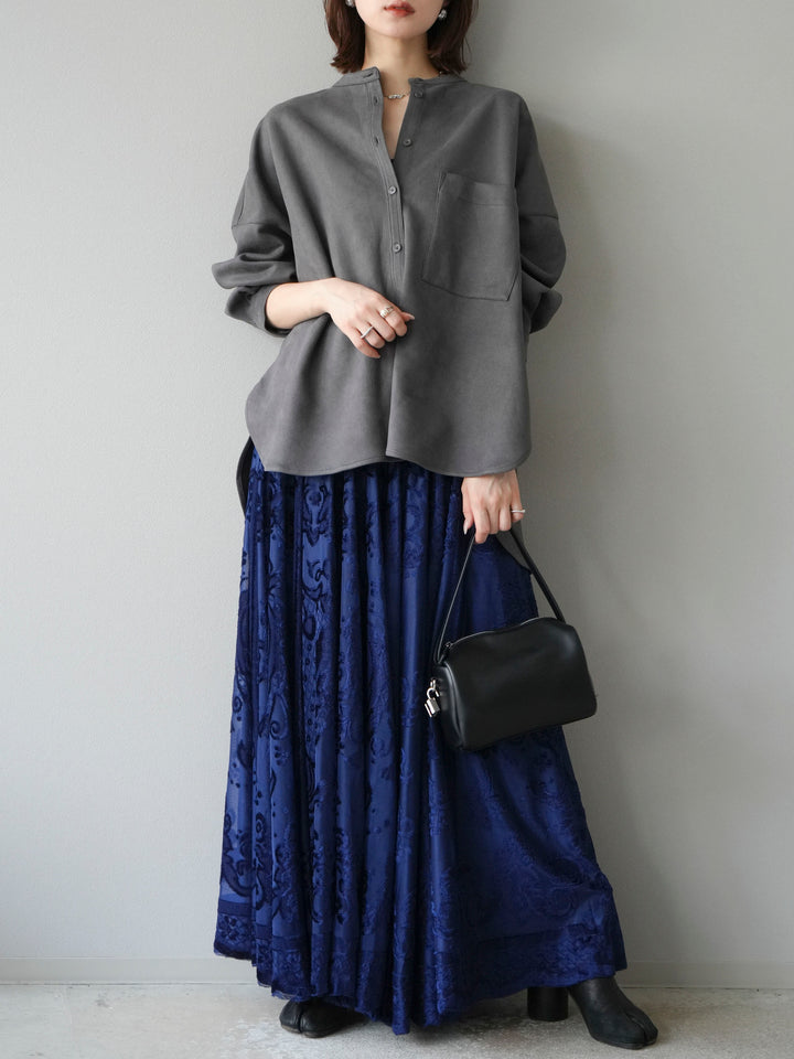[予約]アンティーク柄フロッキーマキシスカート/ブルー