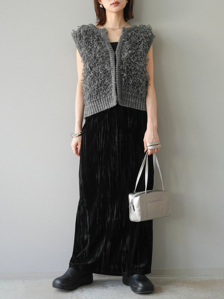 [SET]レザー襟オンブレチェックオーバーシャツ +ループデザインホックベスト +クラッシュベロアナロースカート(3set)