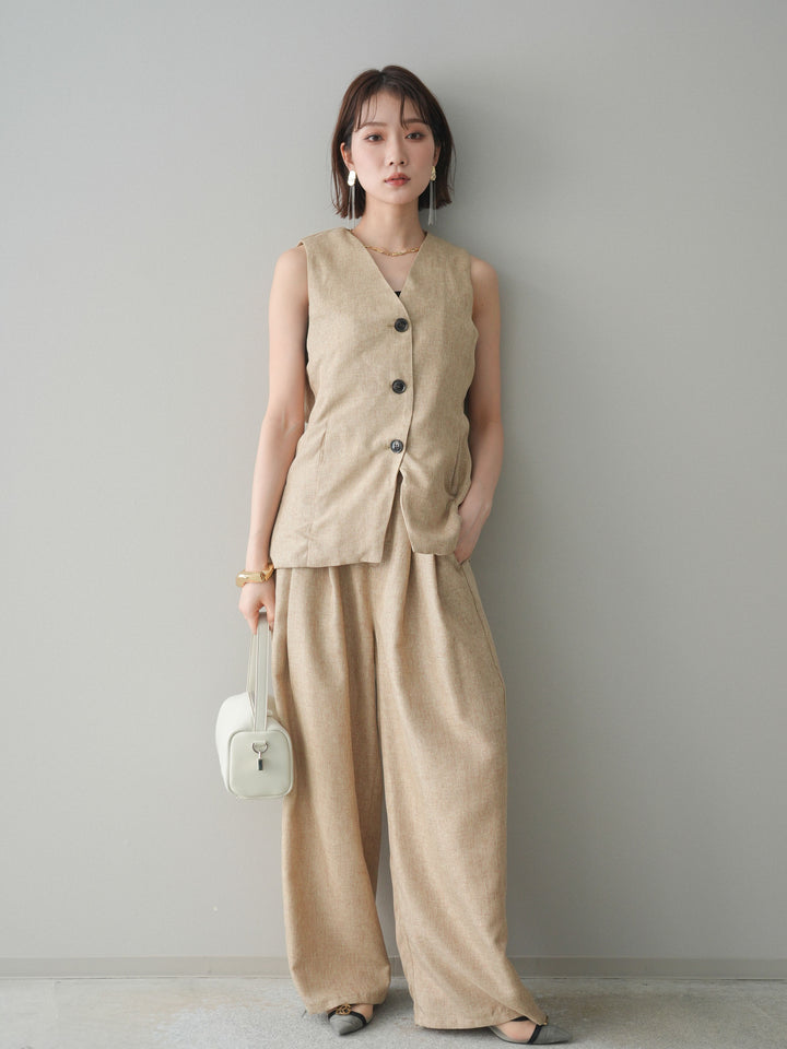 [SET]リネンライクバックオープンジレ+リネンライクタックワイドパンツ(2set)