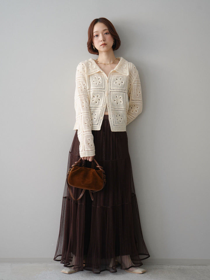 [予約]ラメプリーツレイヤードチュールロングスカート/brown