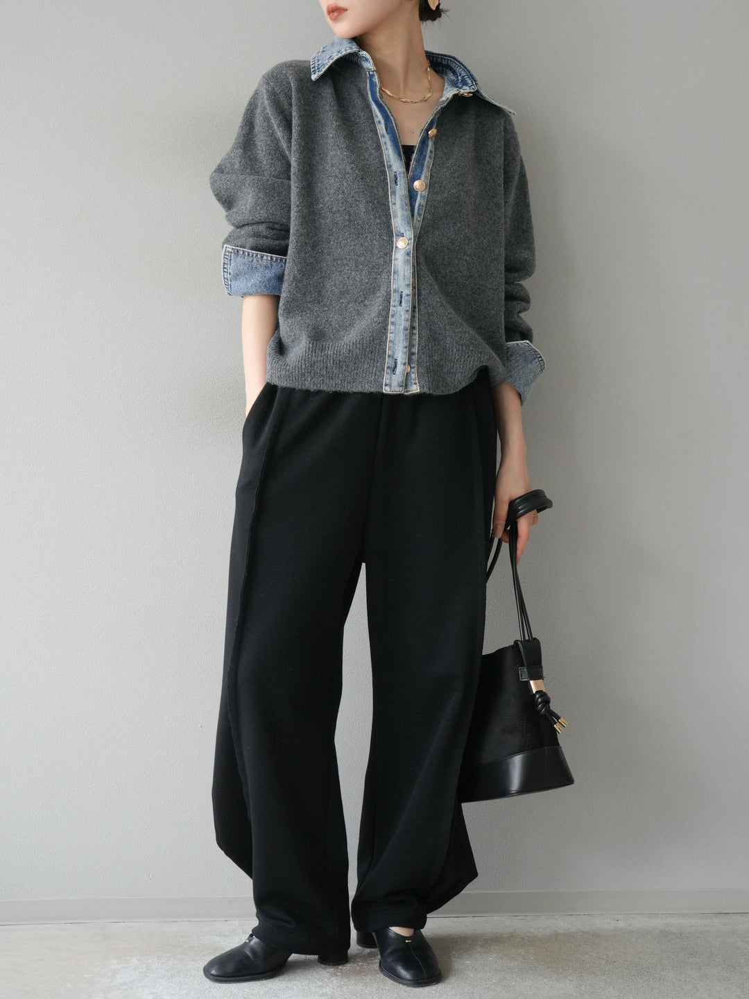 【着回しセット】[SET]デニム襟ボタンニットカーディガン+デニム襟ボタンニットカーディガン+2WAYデザインスウェットパンツ(3set)