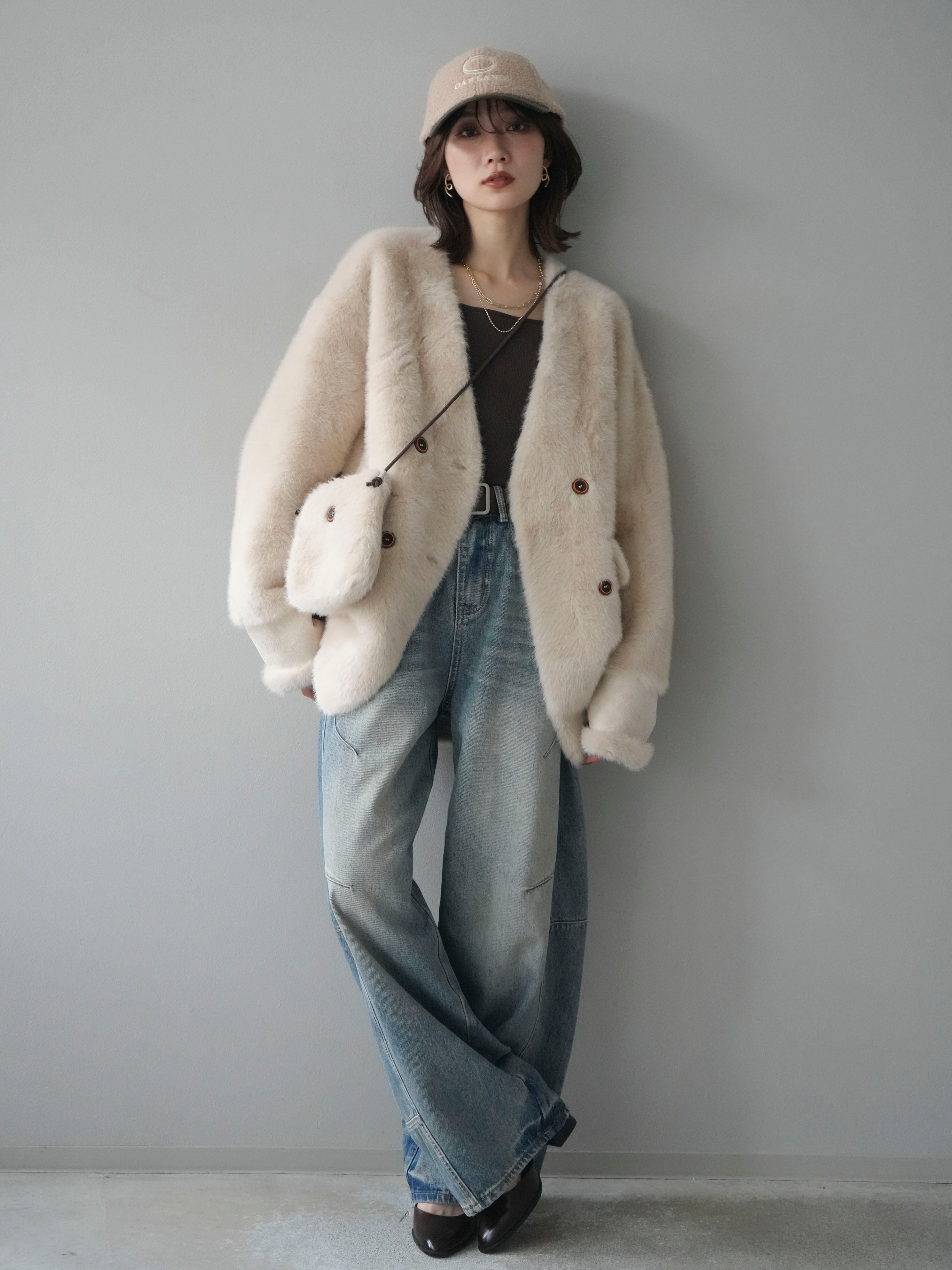 SET]バッグ付エコファーノーカラーコート+ベルト付カーブデニムパンツ