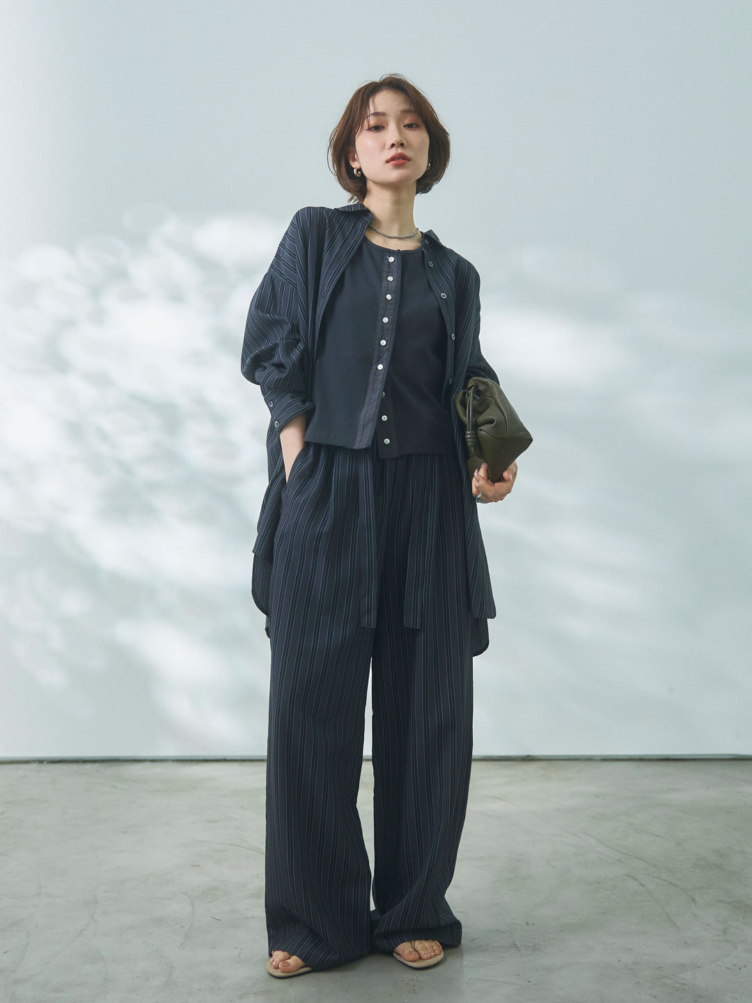 【Allure】[SET]ストライプオーバーシャツ+フロントボタンテレコリブタンクトップ+ストライプイージーパンツ(3set)