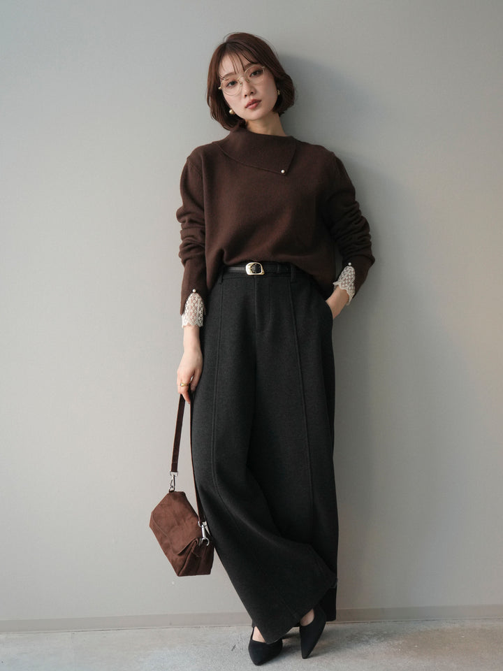[SET]袖レースパール付き配色ニットトップス+ウールタッチカーブパンツ(2set)