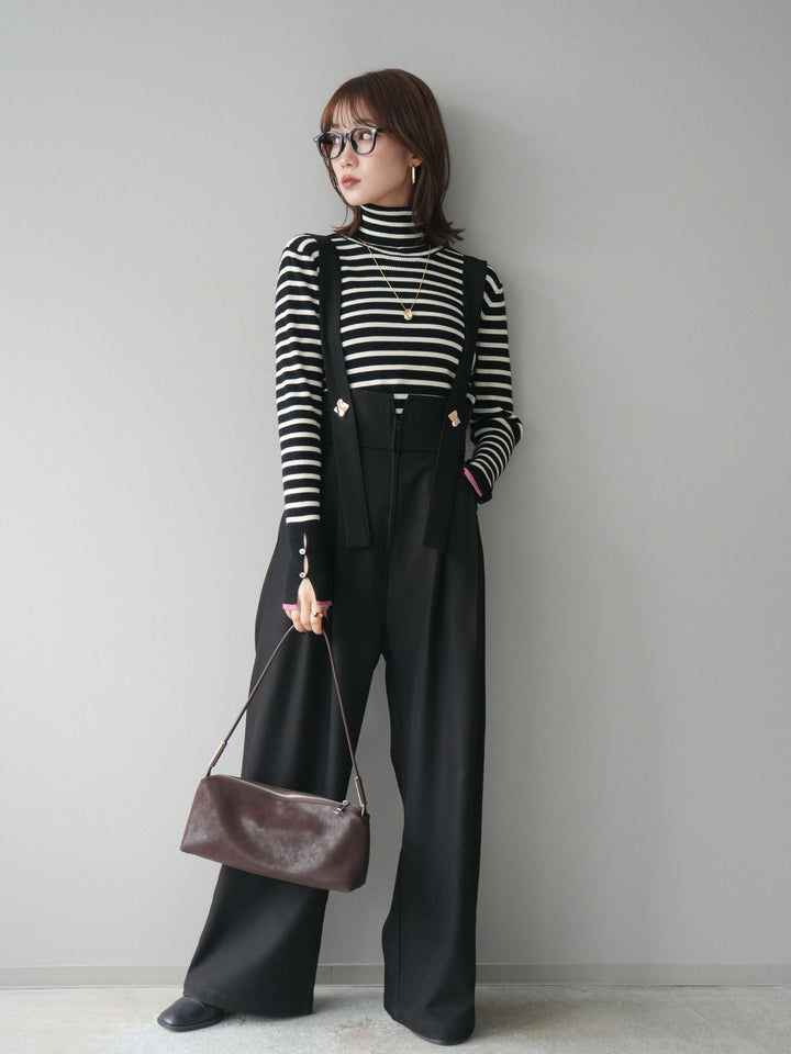 [予約]袖配色ハイネックボーダーリブニットトップス/blackborderpink