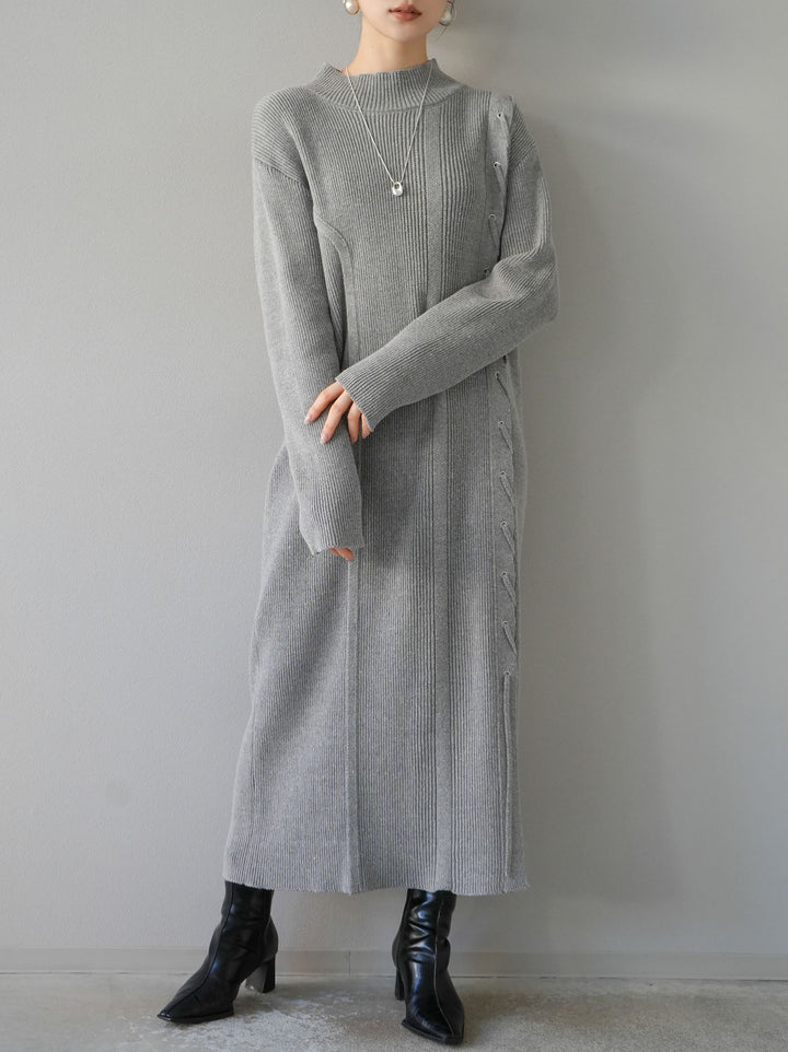 [SET] 不對稱繫帶高領針織連身裙 + 可選飾品套裝 (2套)