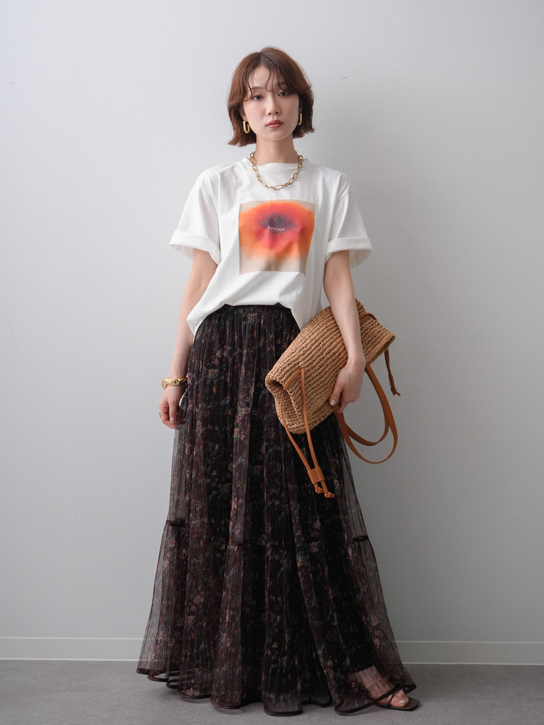 [SET]ニュアンスフローラルフォトTEE+フラワーチュールギャザースカート(2set)