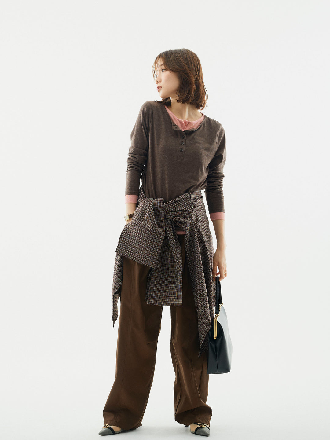 【Allure】[SET]配色レイヤードヘンリーネックトップス+タフタワイドカーブパンツ(2set)