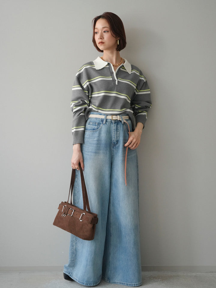 【預購】多條紋polo針織衫/灰色