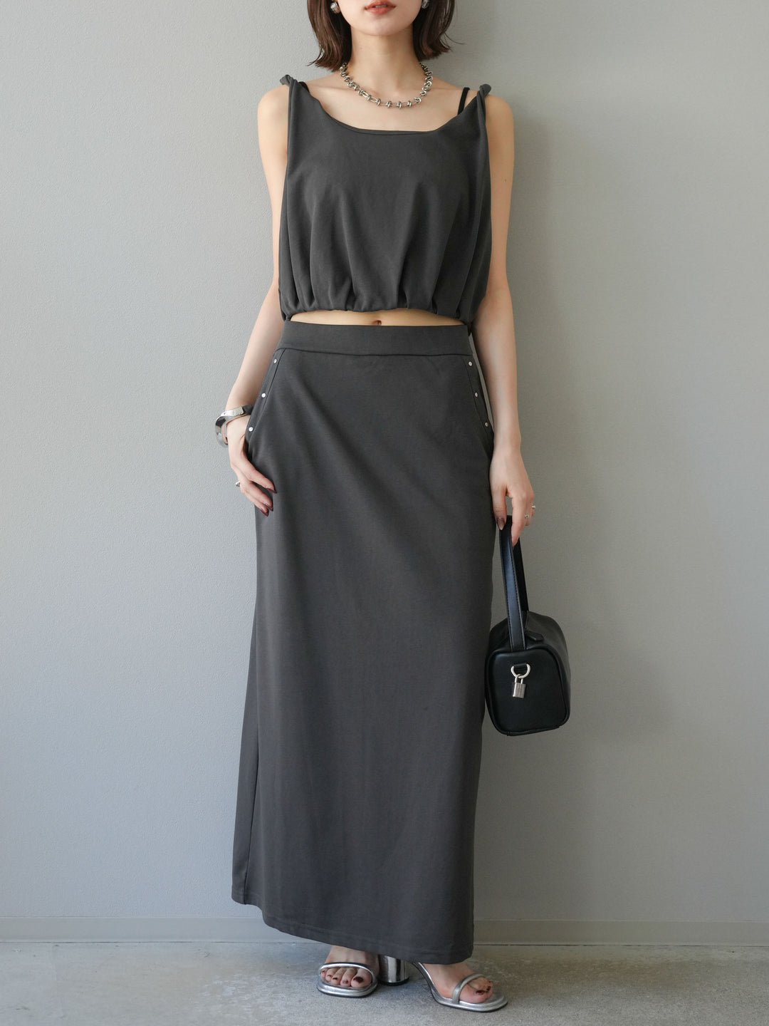 [SET]ミニ裏毛ツイストキャミバルーントップス＆Iラインスカート(2set)