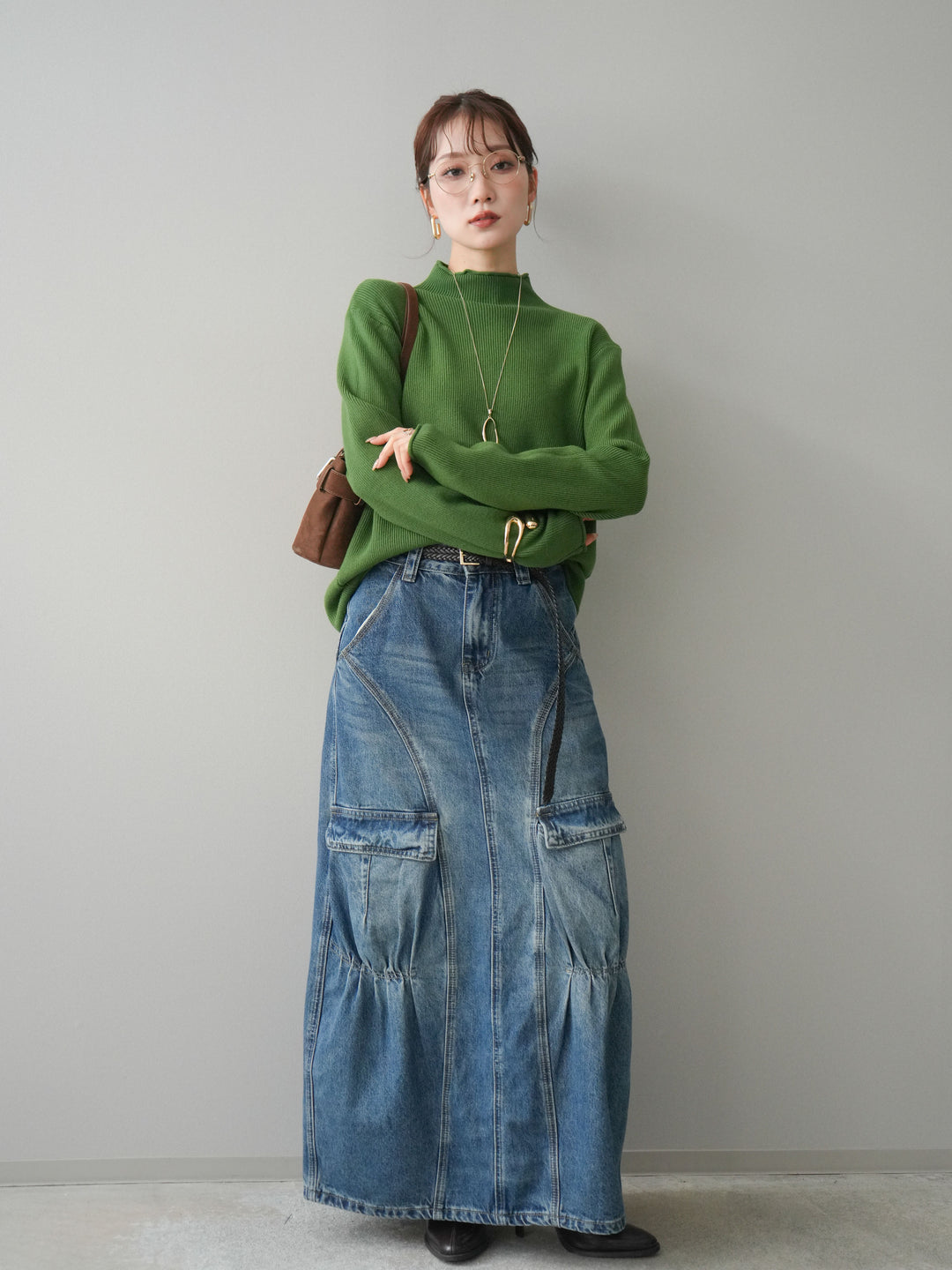 [予約]ボトルネック裾カールリブニットトップス/green