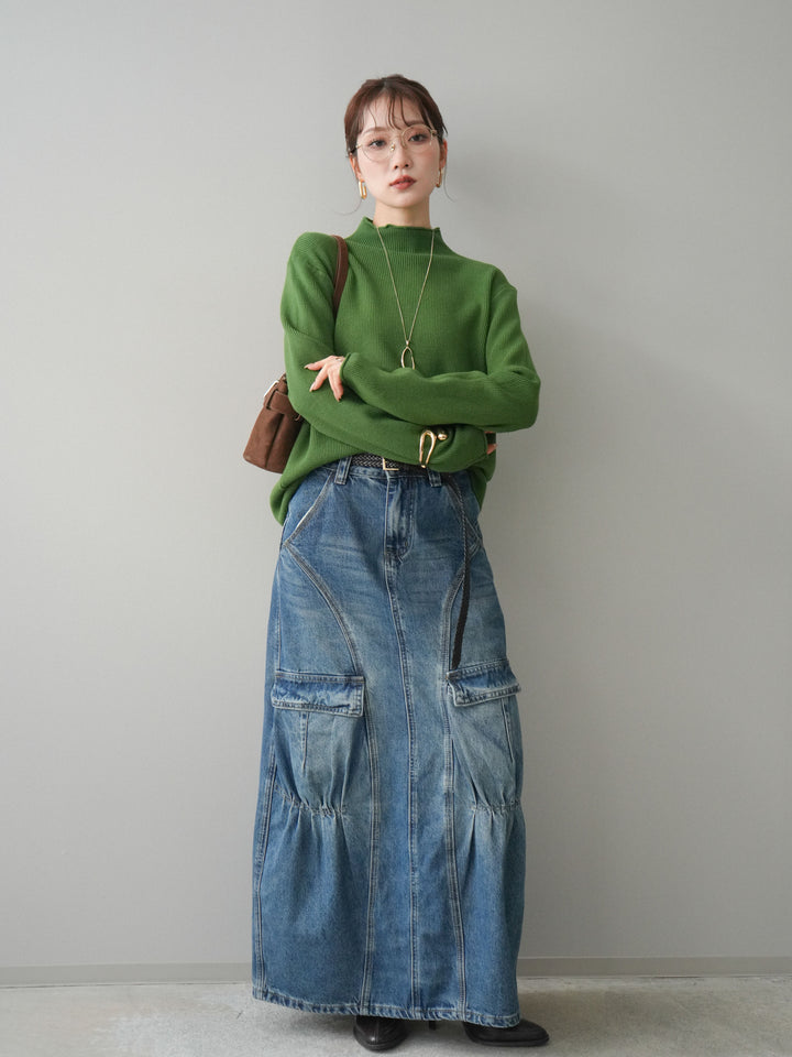 [予約]ボトルネック裾カールリブニットトップス/green