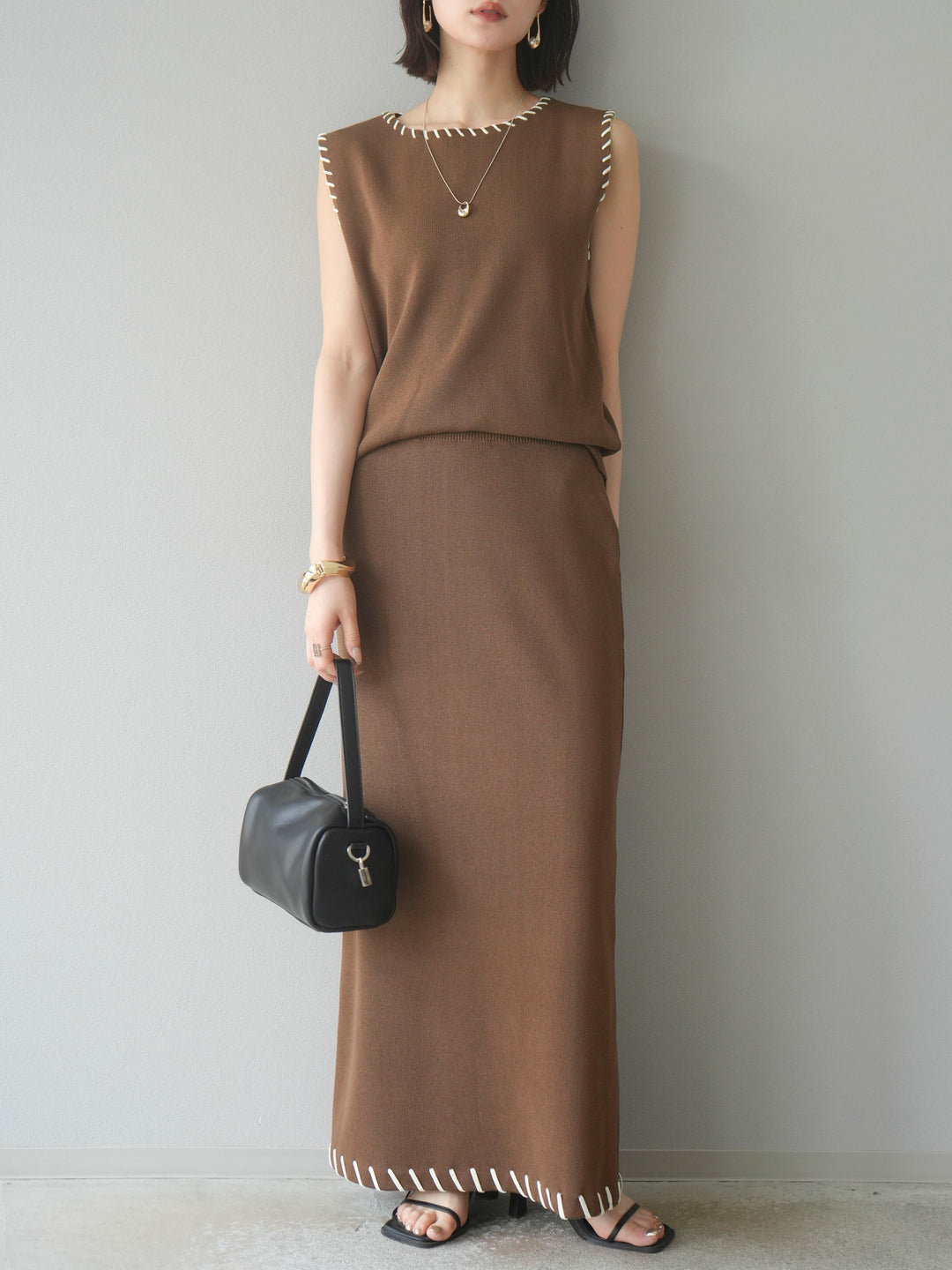 [予約]リネンタッチハンドステッチニットタイトスカート/モカ