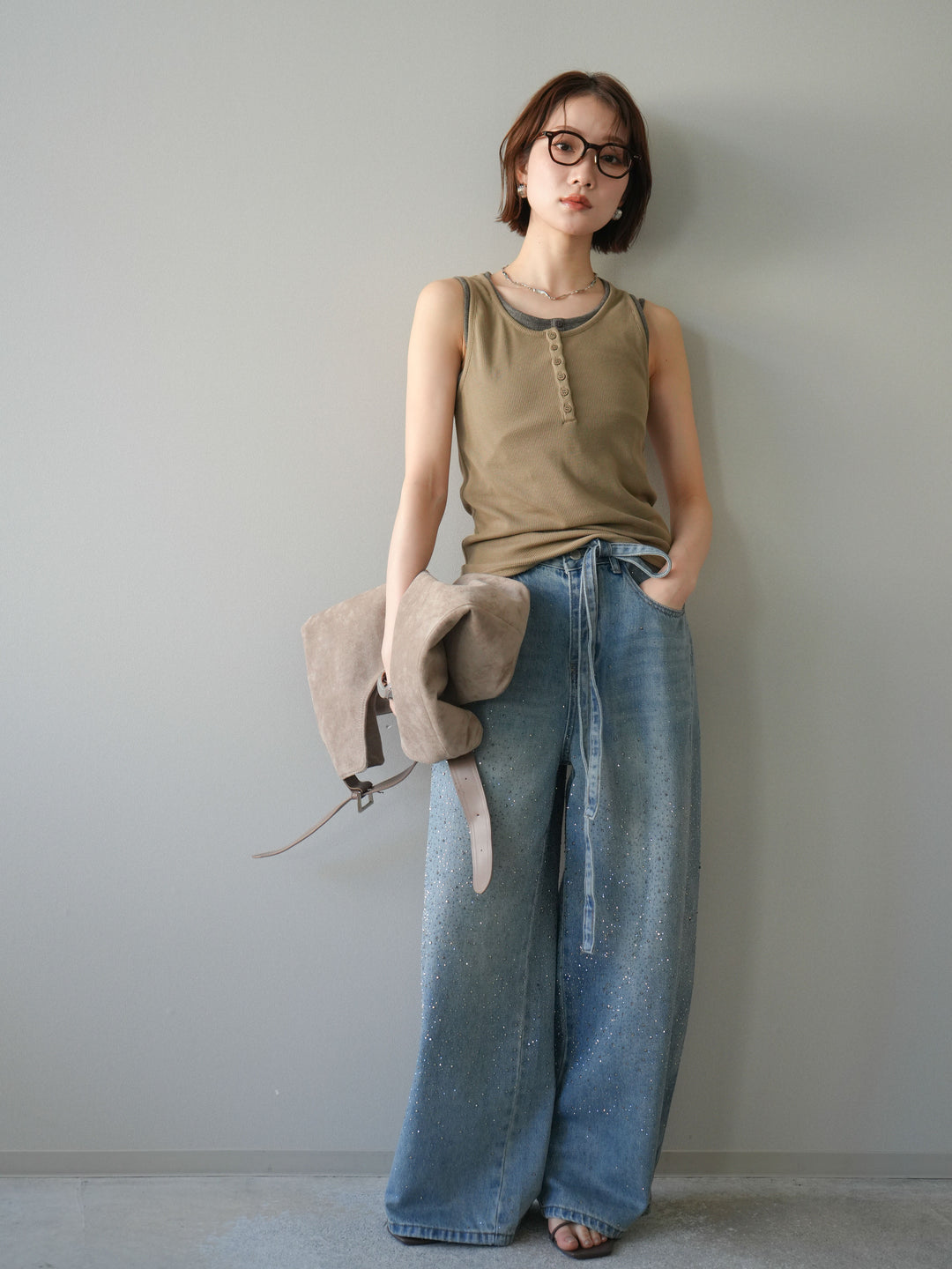 [SET]配色リブヘンリータンクトップ+ウエストベルトビジューワイドデニムパンツ(2set)