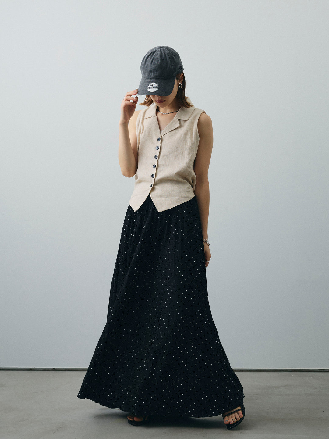 [SET]リネンライクテーラードジレ+ラインストーンプリーツスカート(2set)