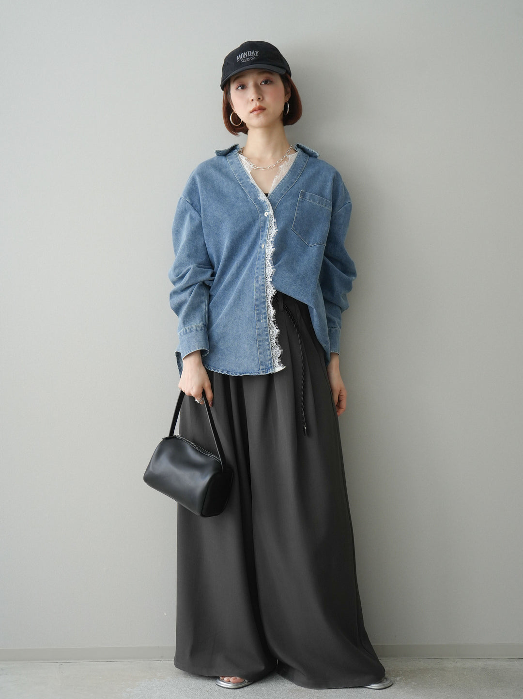 [予約]編み込みベルト付タックワイドパンツ/gray