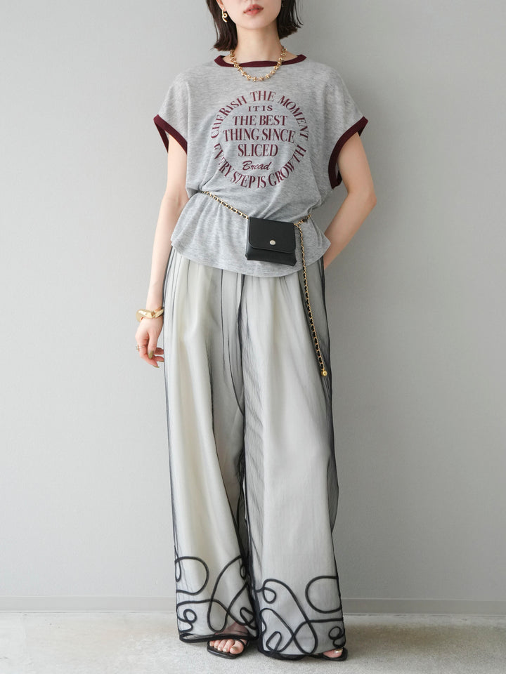 [SET]シアーフライス ロゴプリントT +コード刺繍チュールレイヤードパンツ(2set)