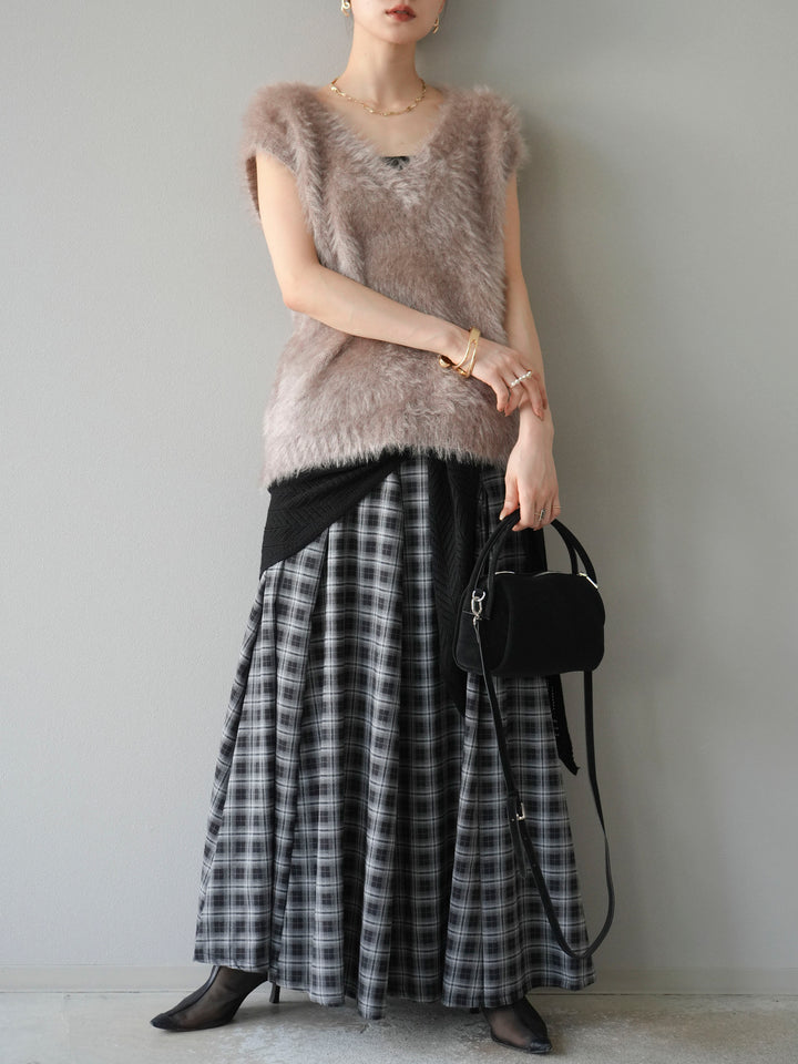 [予約]チェックタックフレアロングスカート/ ブラック